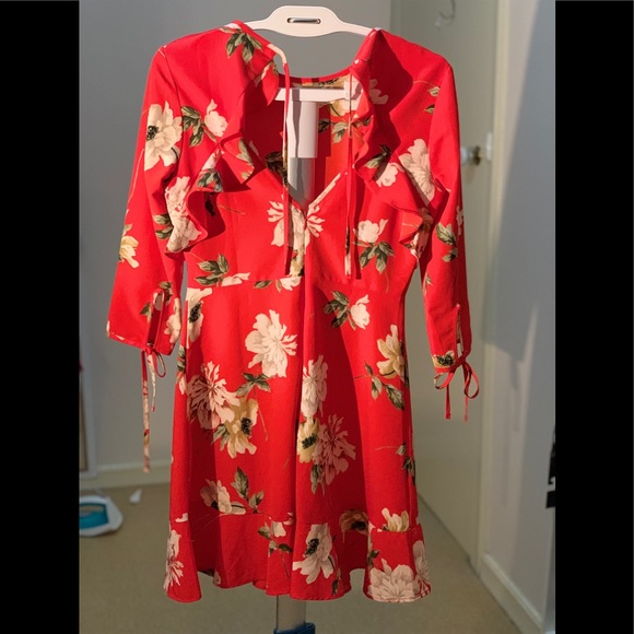 TOPSHOP TIE BACK FLORAL RED DRESS (Size UK/AU 10) - Picture 2 of 5